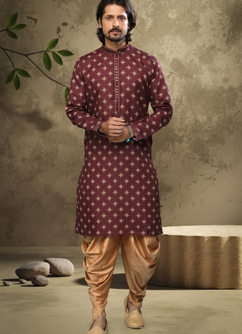 Maroon Handloom Cotton Mens Kurta Pyjama Set
