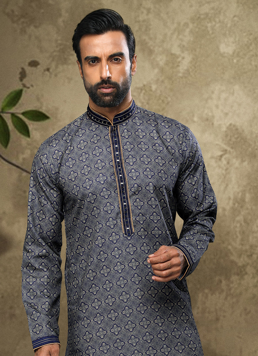 Slate Blue Handloom Cotton Mens Kurta Pyjama Set