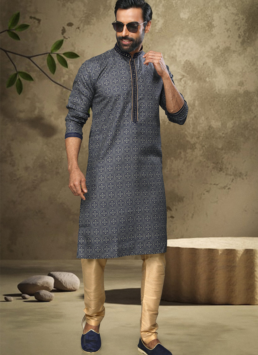 Slate Blue Handloom Cotton Mens Kurta Pyjama Set