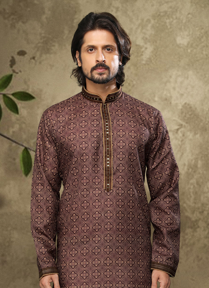 Coffee Brown Handloom Cotton Mens Kurta Pyjama Set