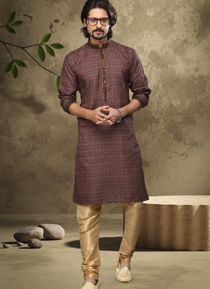 Coffee Brown Handloom Cotton Mens Kurta Pyjama Set