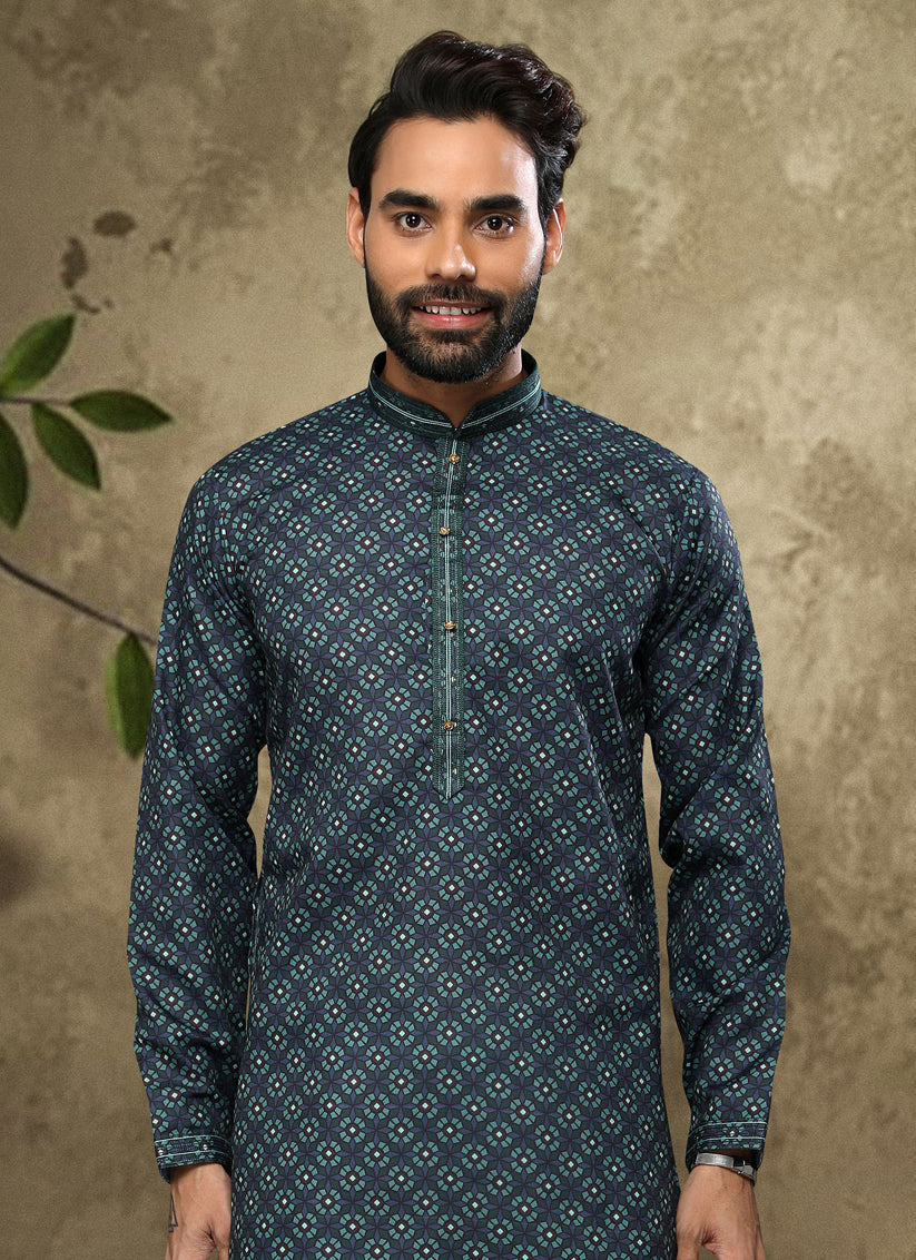 Pine Green Handloom Cotton Mens Kurta Pyjama Set