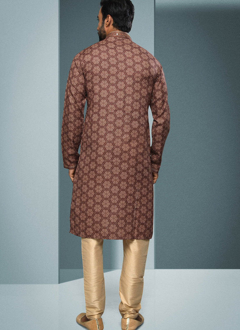 Brown Handloom Cotton Printed Mens Kurta Pyjama Set