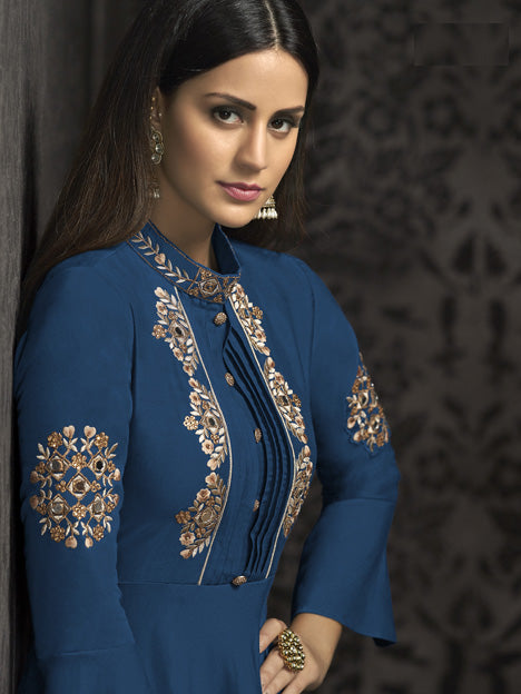 Blue Muslin Embroidered Gown Style Long Kurti