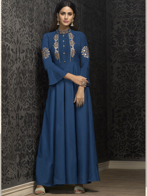 Blue Muslin Embroidered Gown Style Long Kurti