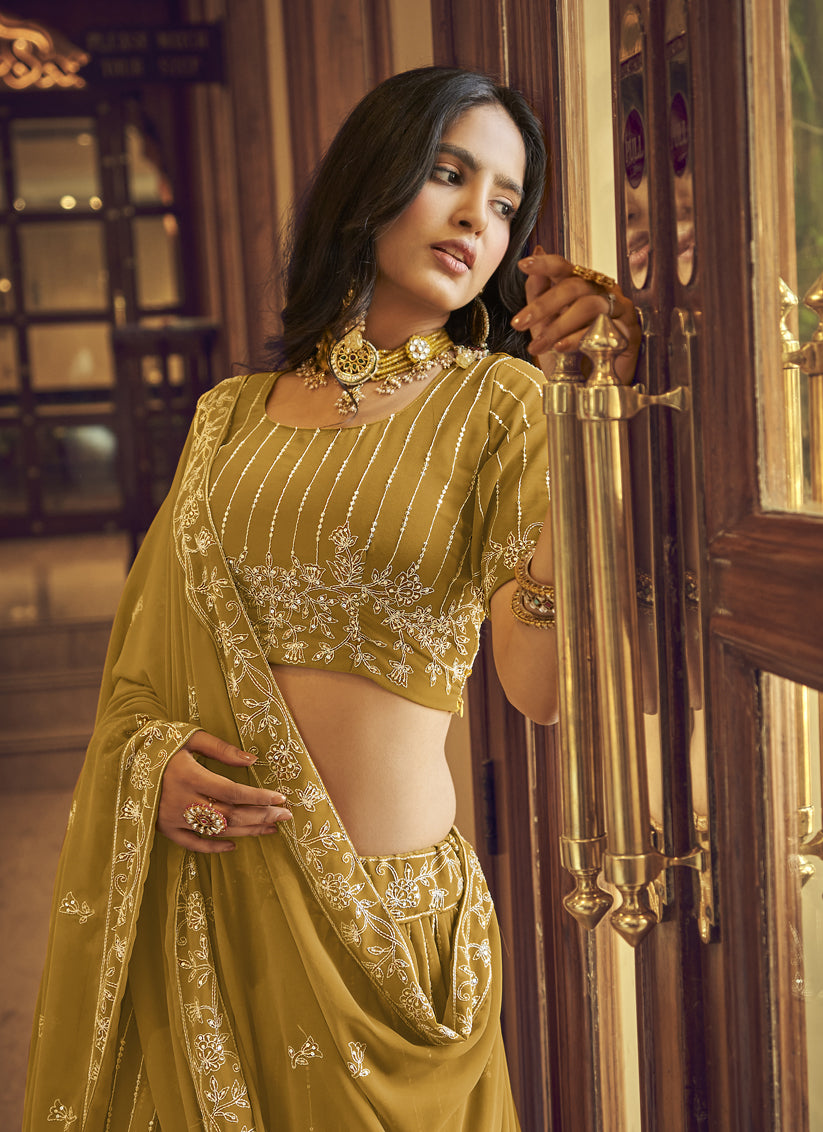 Mehendi Faux Georgette Embroidered Designer Lehenga Choli
