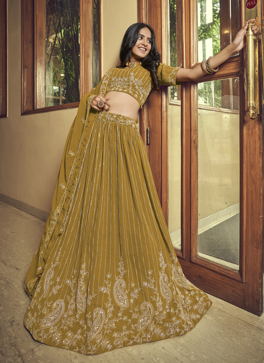 Mehendi Faux Georgette Embroidered Designer Lehenga Choli