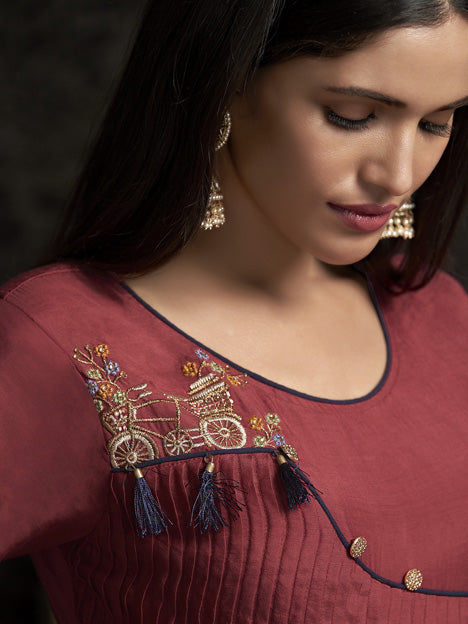 Maroon Muslin Embroidered Gown Style Long Kurti