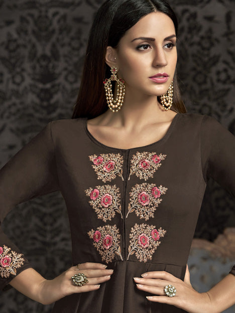 Brown Muslin Embroidered Gown Style Long Kurti