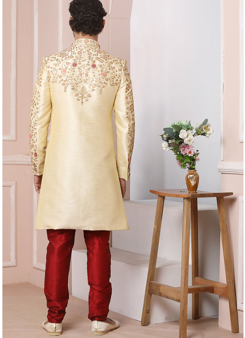 Golden Banarasi Silk Embroidered Sherwani