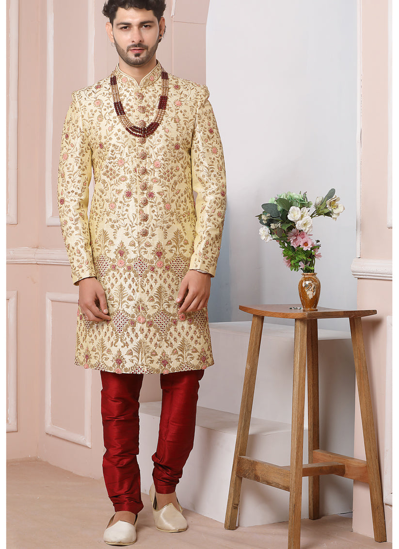Golden Banarasi Silk Embroidered Sherwani