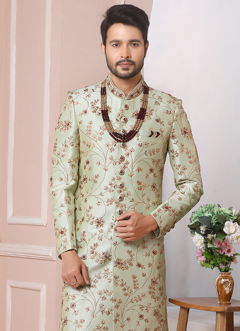Pastel Green Banarasi Silk Embroidered Sherwani