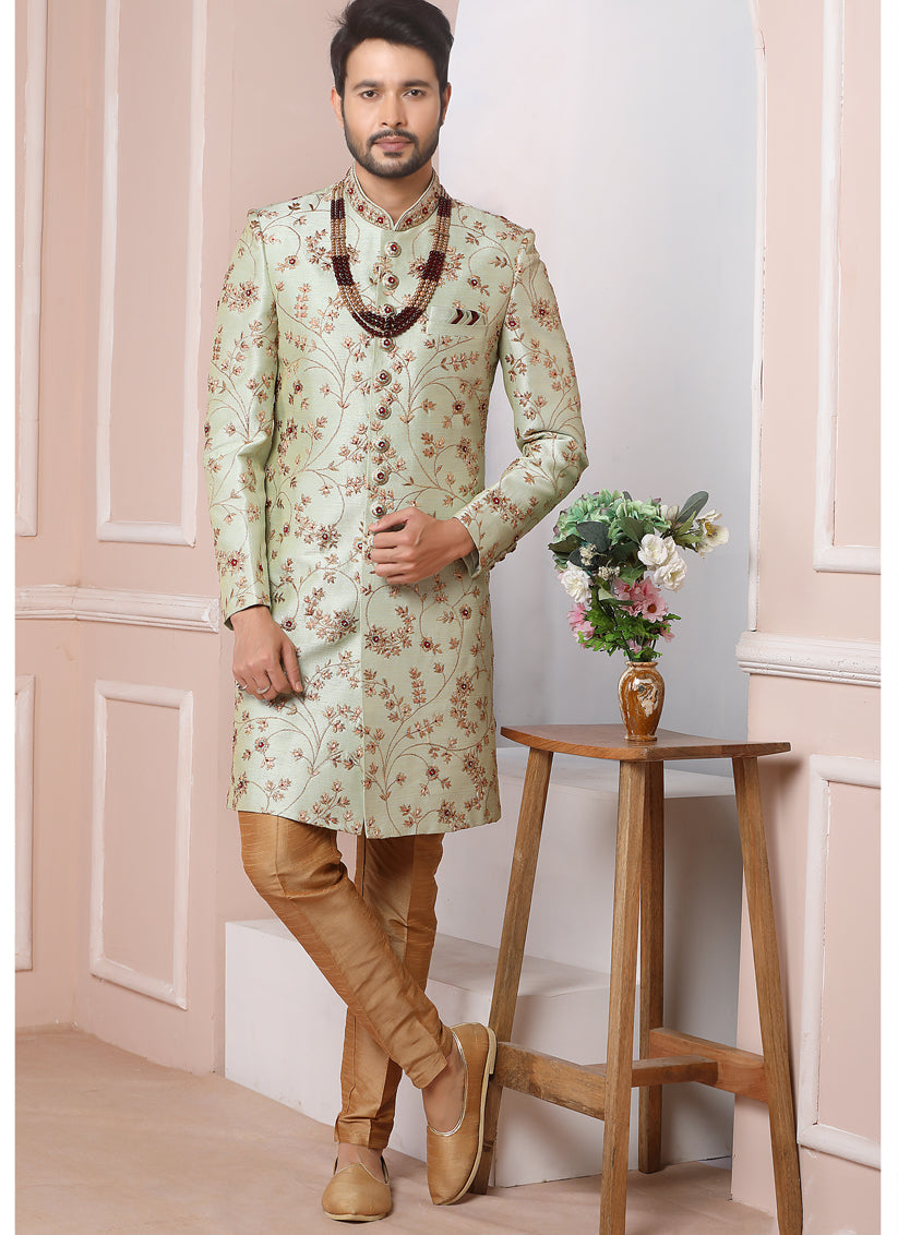 Pastel Green Banarasi Silk Embroidered Sherwani