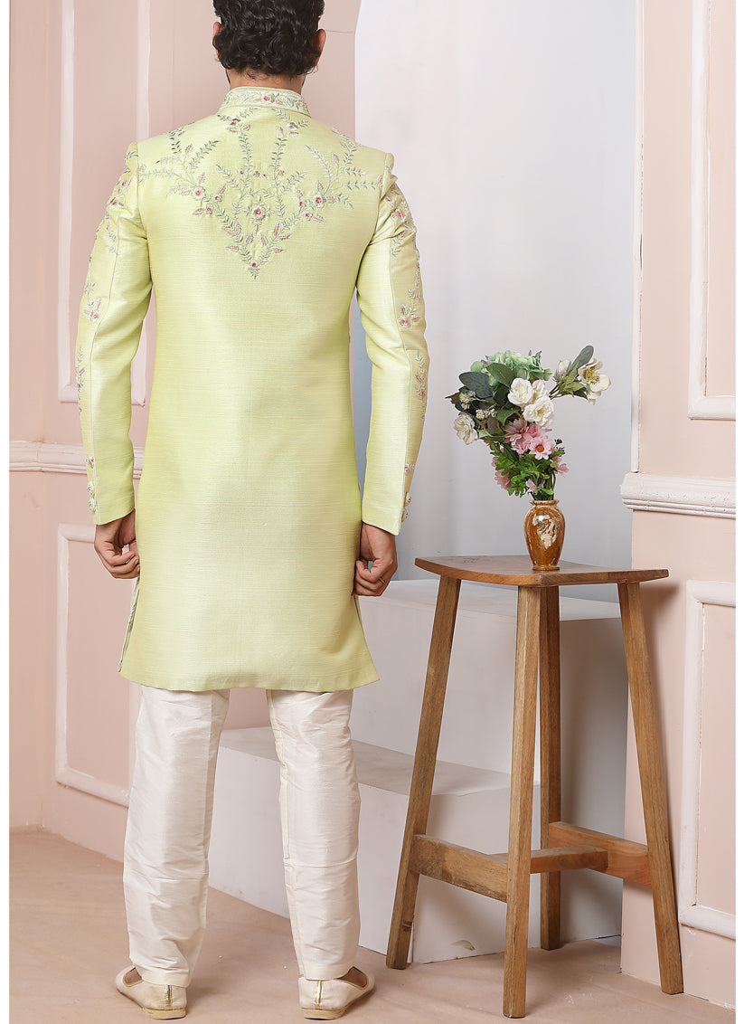 Pastel Yellow Banarasi Silk Embroidered Sherwani