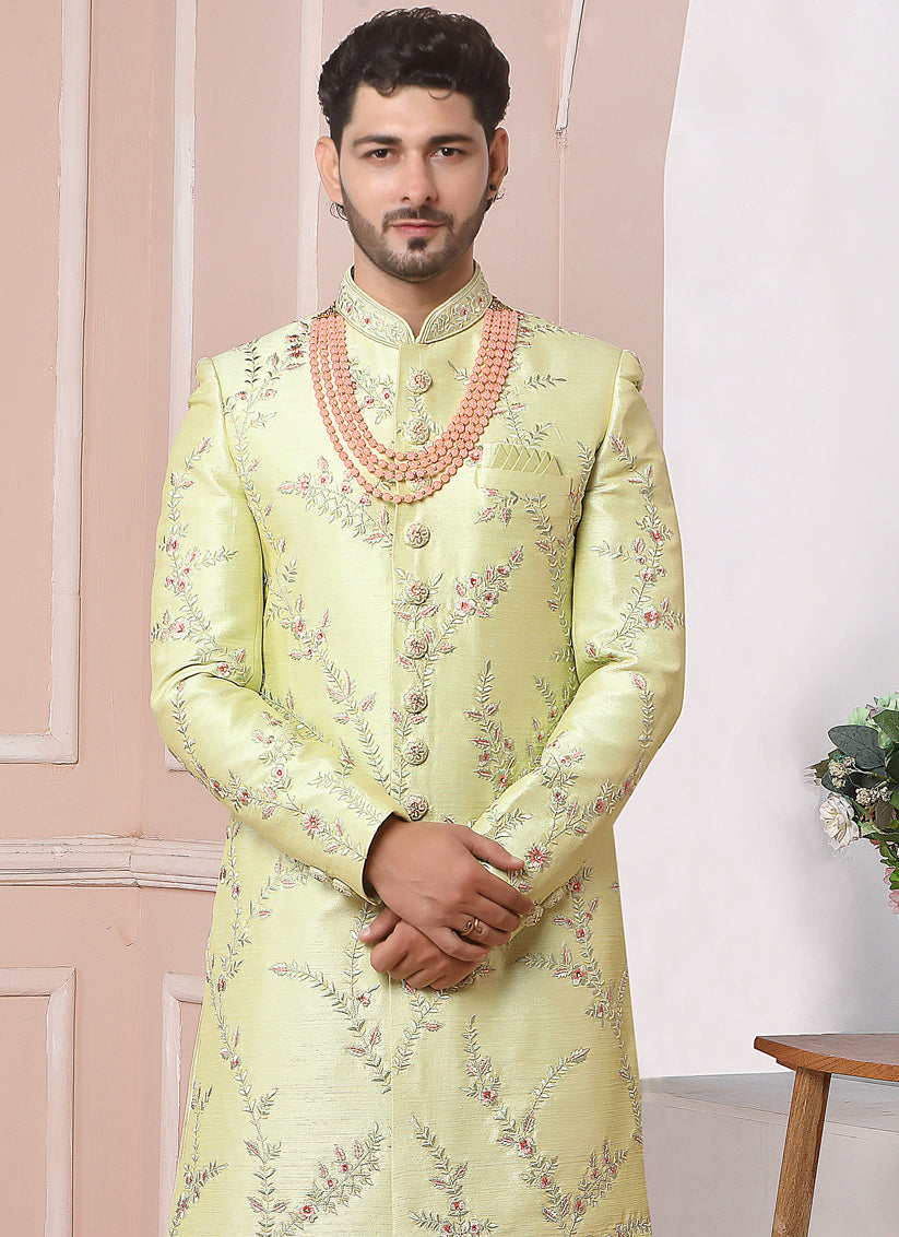 Pastel Yellow Banarasi Silk Embroidered Sherwani