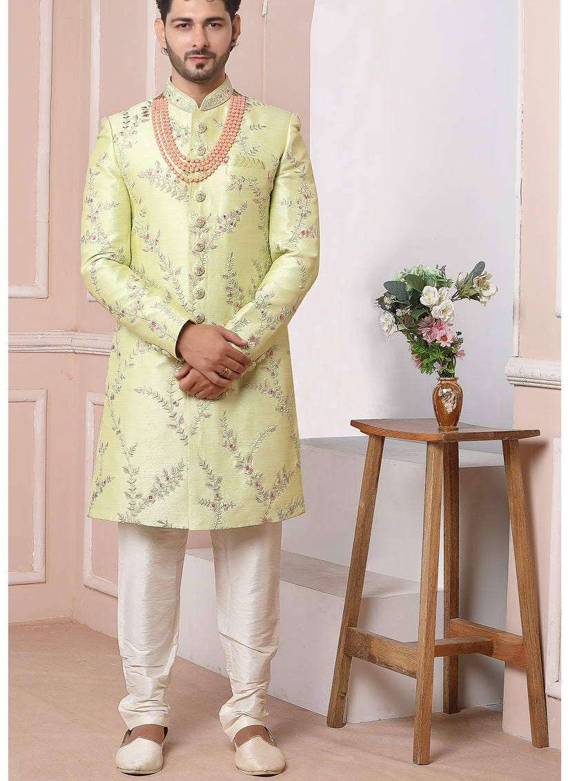 Pastel Yellow Banarasi Silk Embroidered Sherwani