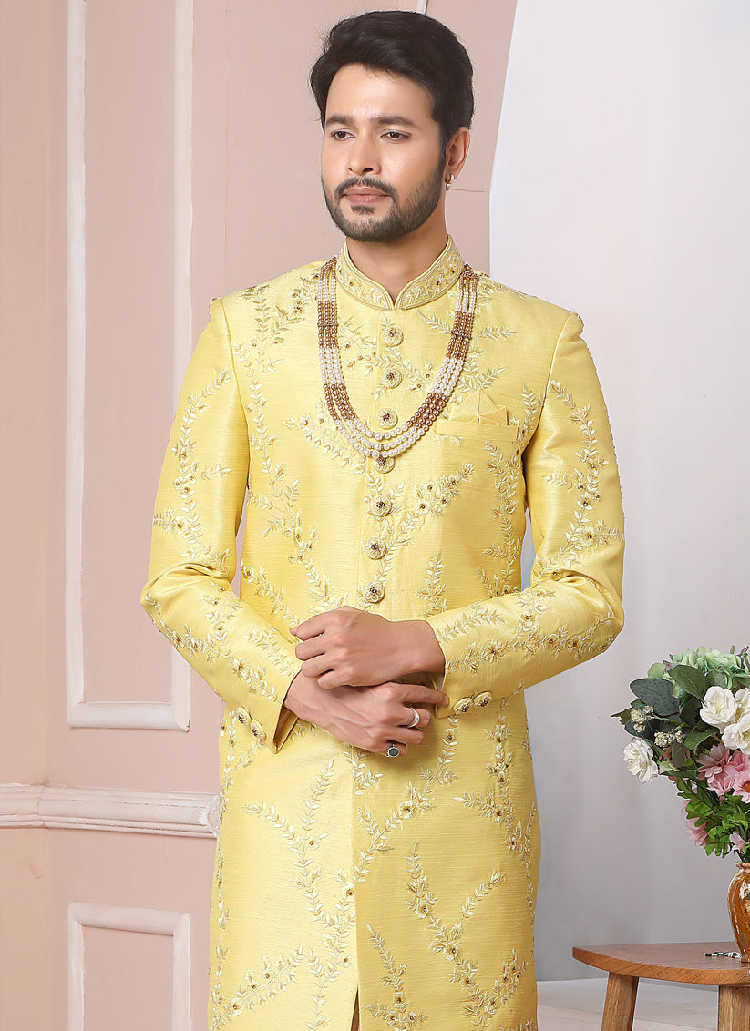 Lemon Yellow Banarasi Silk Embroidered Sherwani