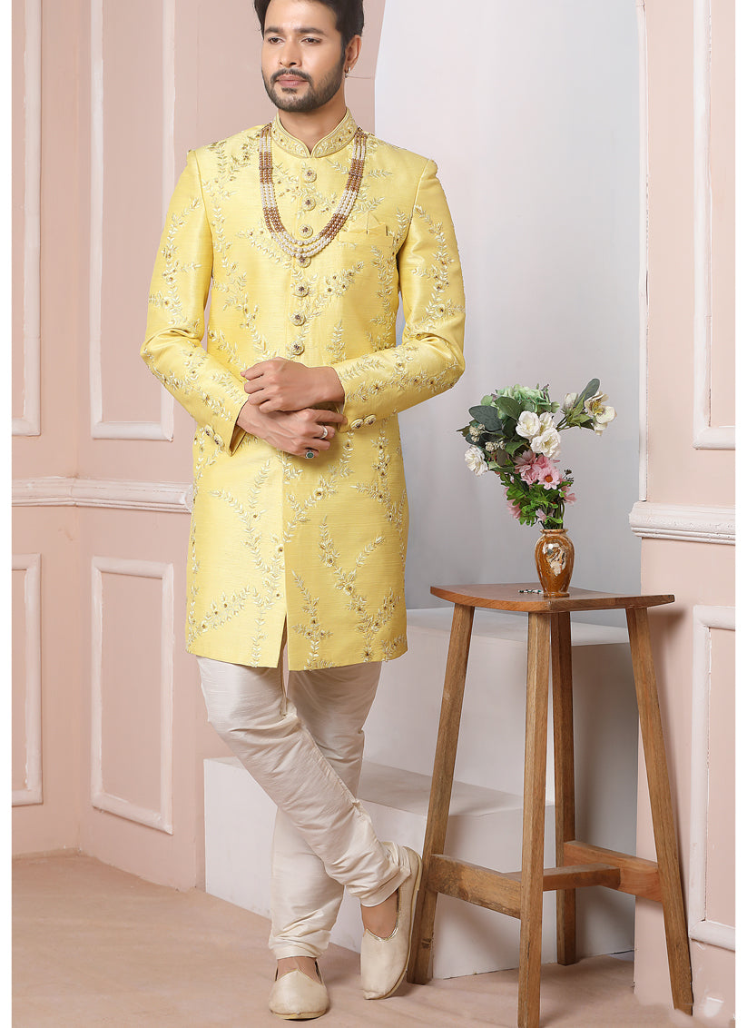 Lemon Yellow Banarasi Silk Embroidered Sherwani