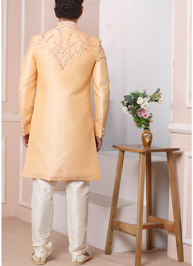 Peach Banarasi Silk Embroidered Sherwani