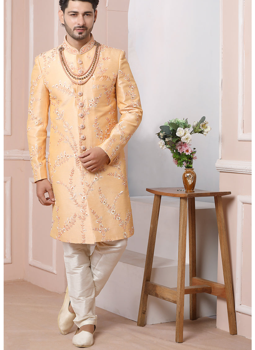 Peach Banarasi Silk Embroidered Sherwani
