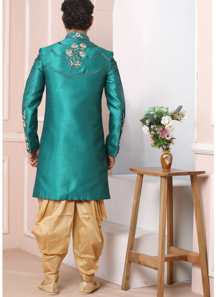 Rama Green Banarasi Silk Embroidered Sherwani