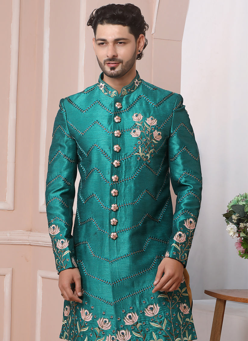 Rama Green Banarasi Silk Embroidered Sherwani