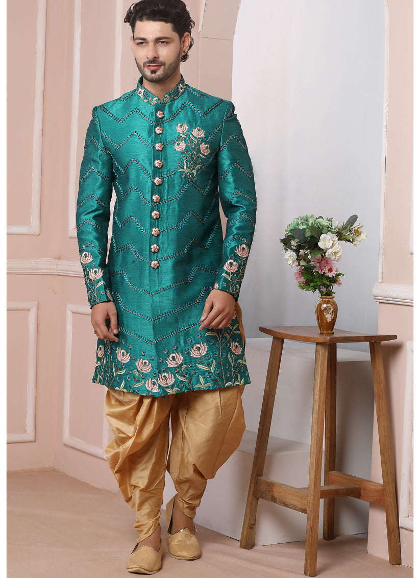 Rama Green Banarasi Silk Embroidered Sherwani