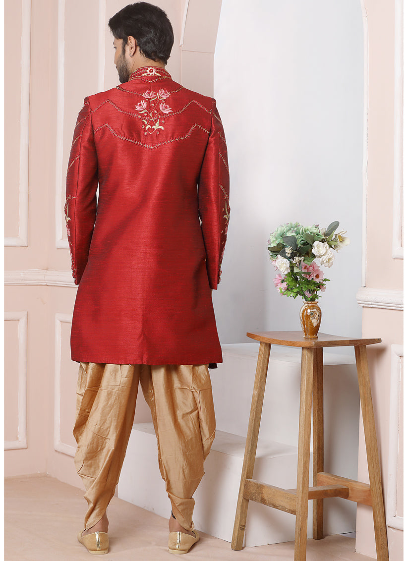 Maroon Banarasi Silk Embroidered Sherwani
