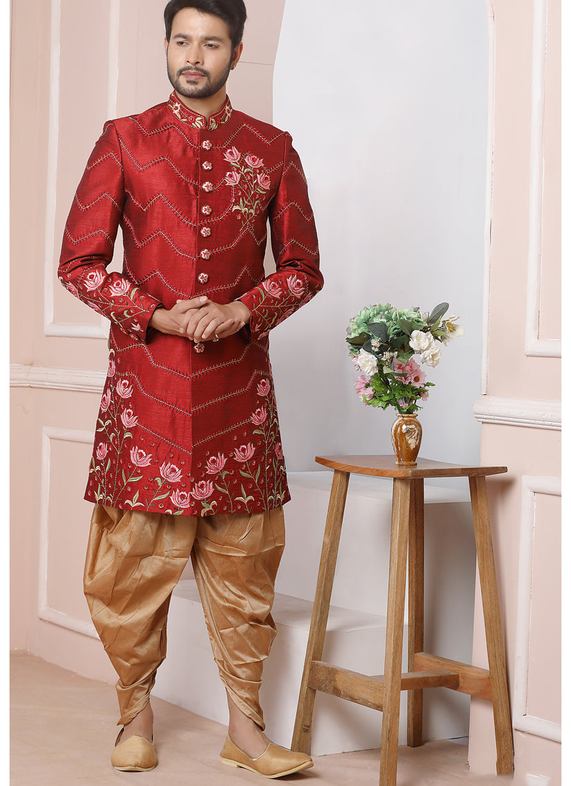 Maroon Banarasi Silk Embroidered Sherwani