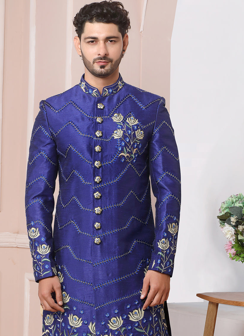 Persian Blue Banarasi Silk Embroidered Sherwani