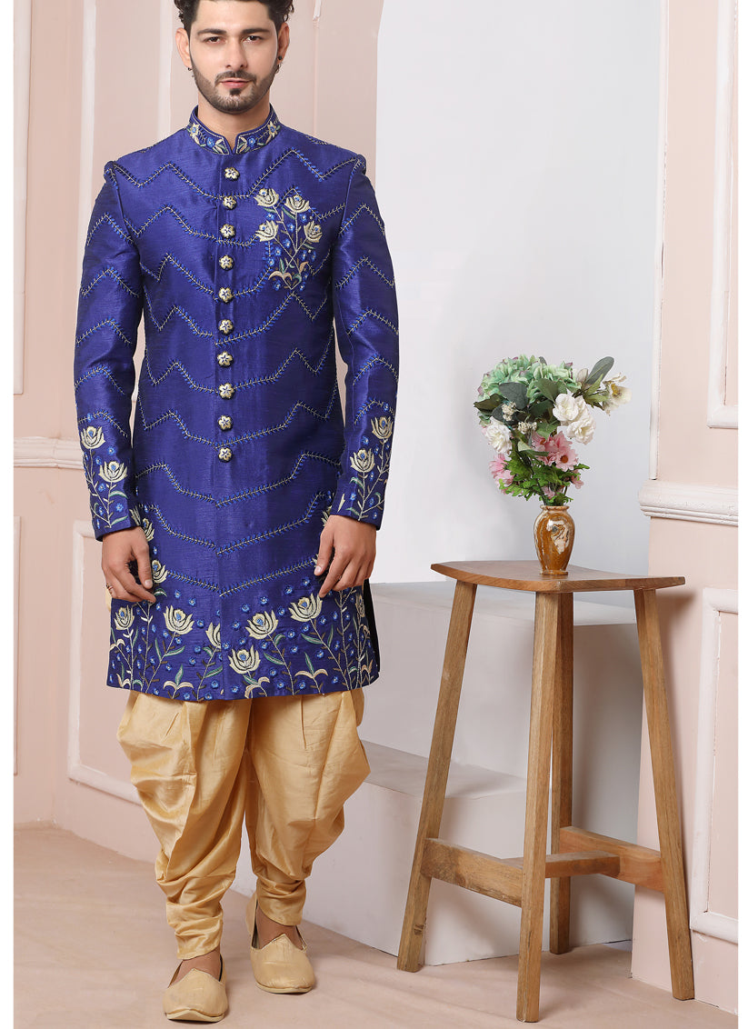 Persian Blue Banarasi Silk Embroidered Sherwani