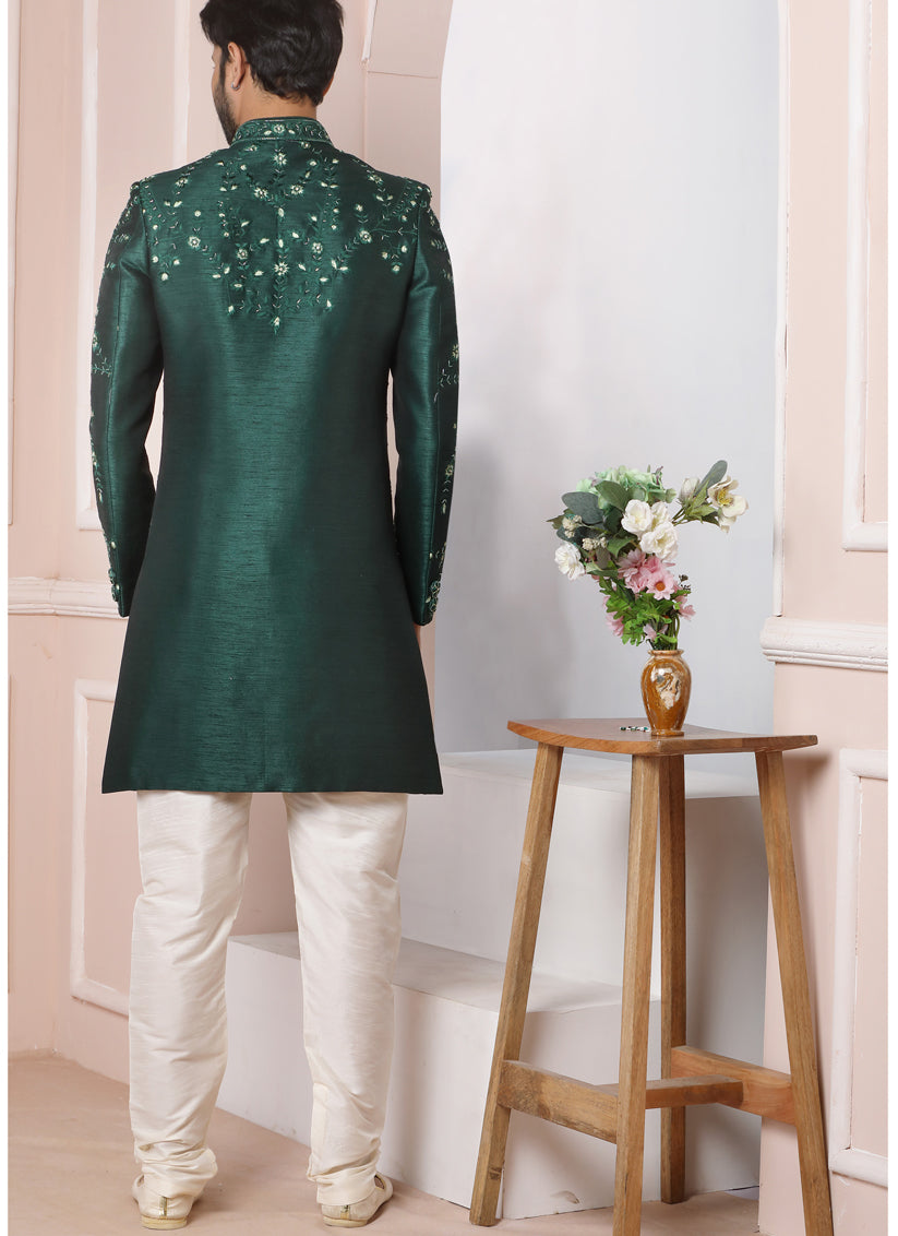 Pine Green Banarasi Silk Embroidered Sherwani