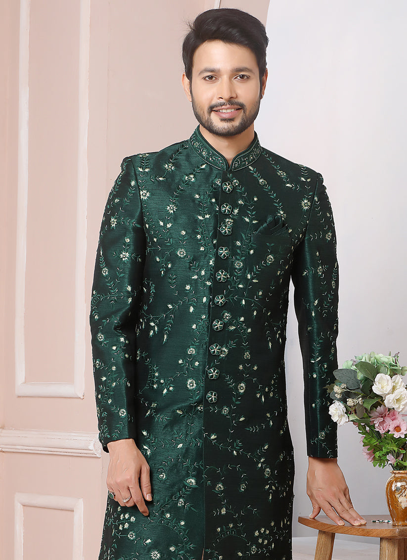 Pine Green Banarasi Silk Embroidered Sherwani