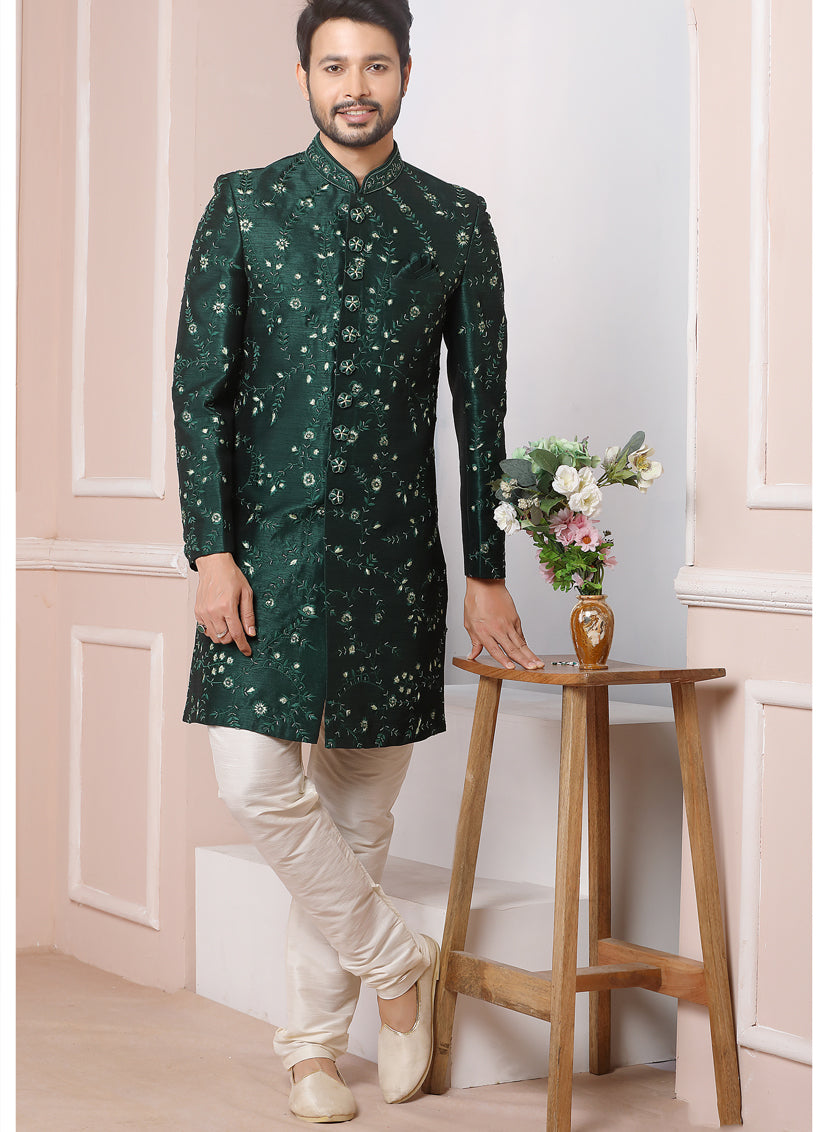 Pine Green Banarasi Silk Embroidered Sherwani