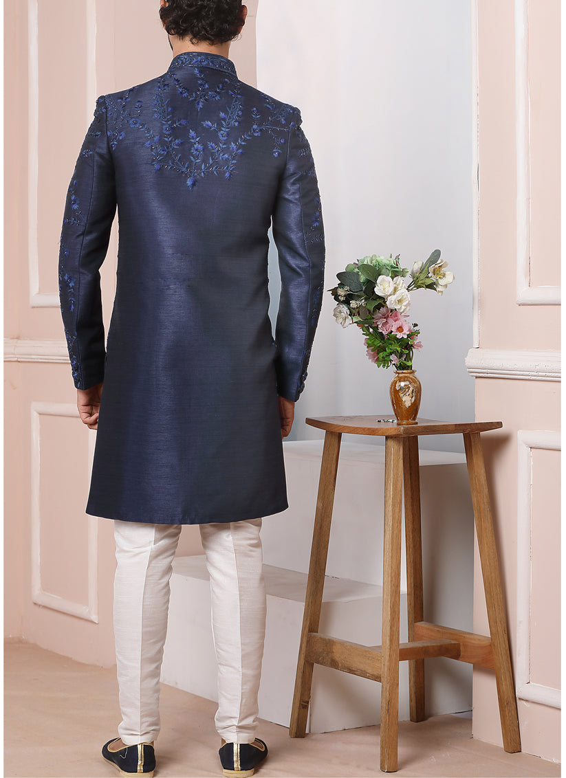 Midnight Blue Banarasi Silk Embroidered Sherwani