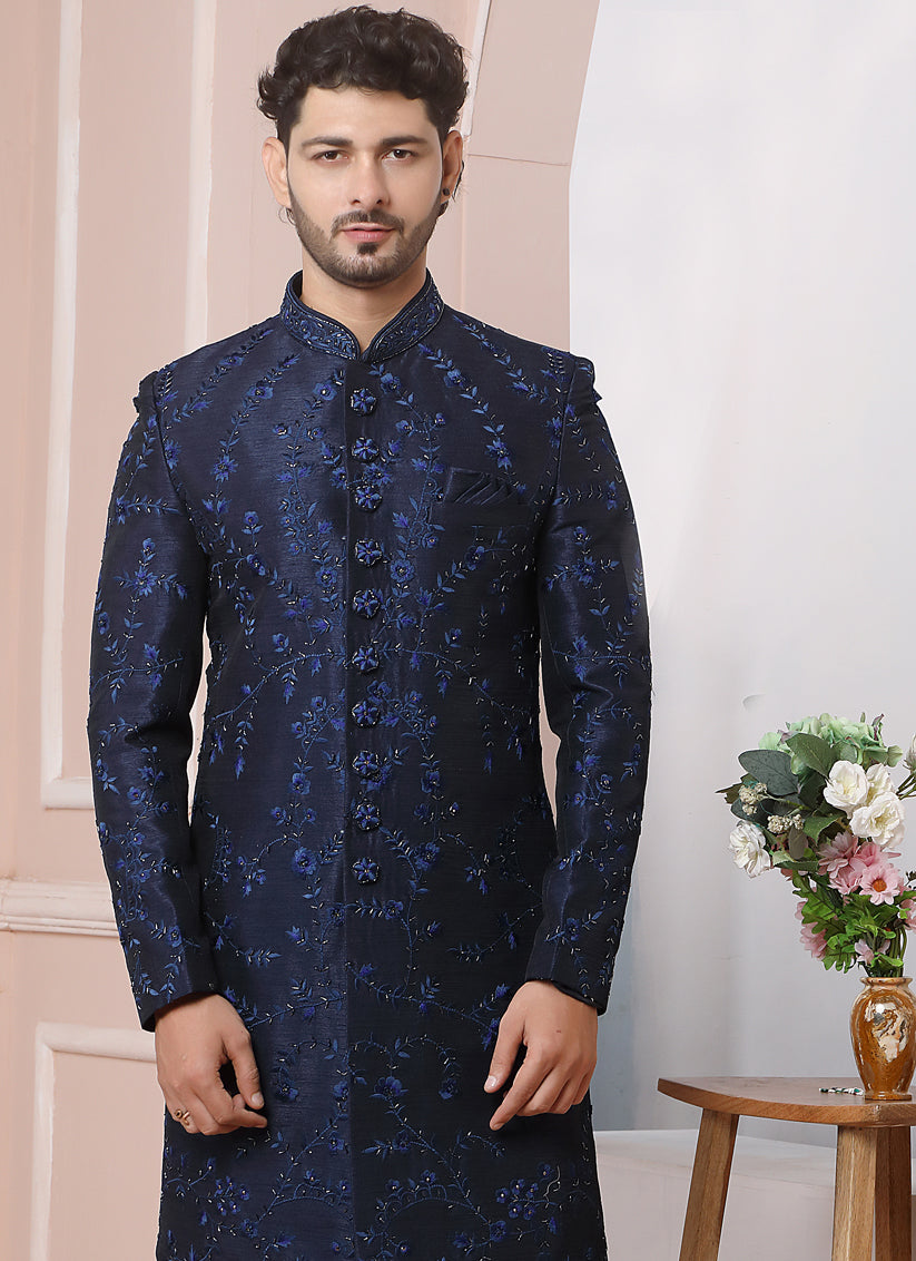 Midnight Blue Banarasi Silk Embroidered Sherwani