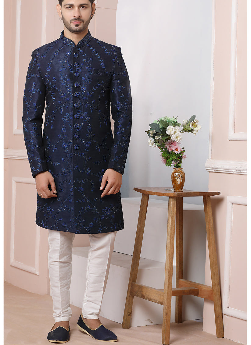 Midnight Blue Banarasi Silk Embroidered Sherwani