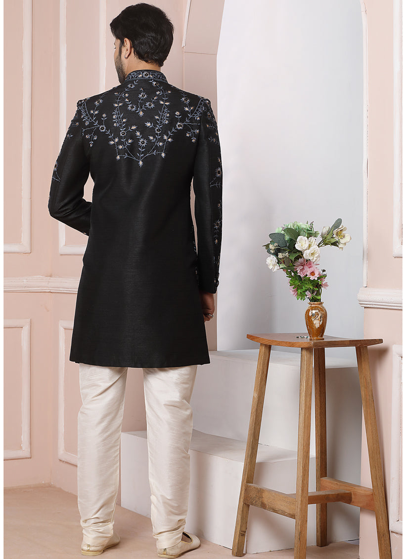 Black Banarasi Silk Embroidered Sherwani