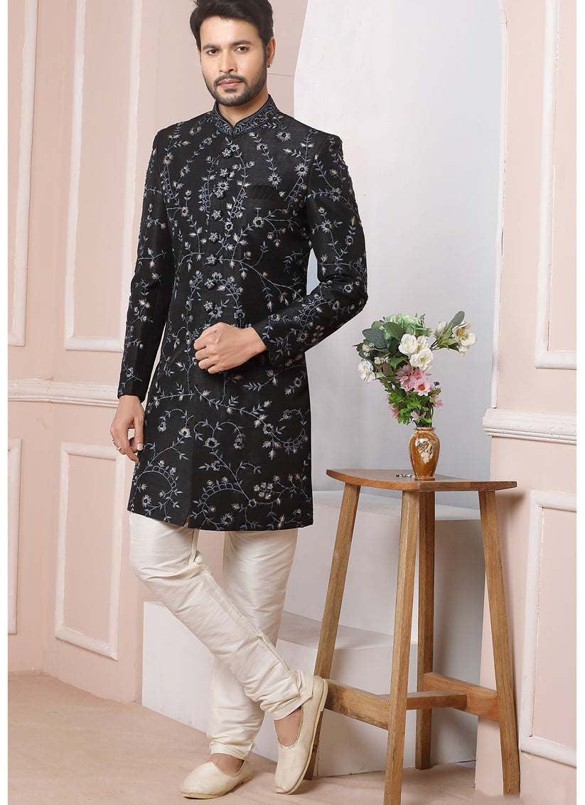 Black Banarasi Silk Embroidered Sherwani