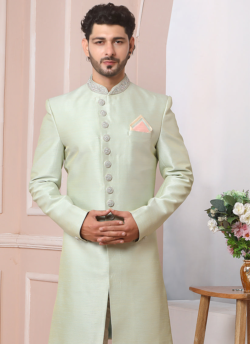 Pastel Green Banarasi Silk Embroidered Indo Western