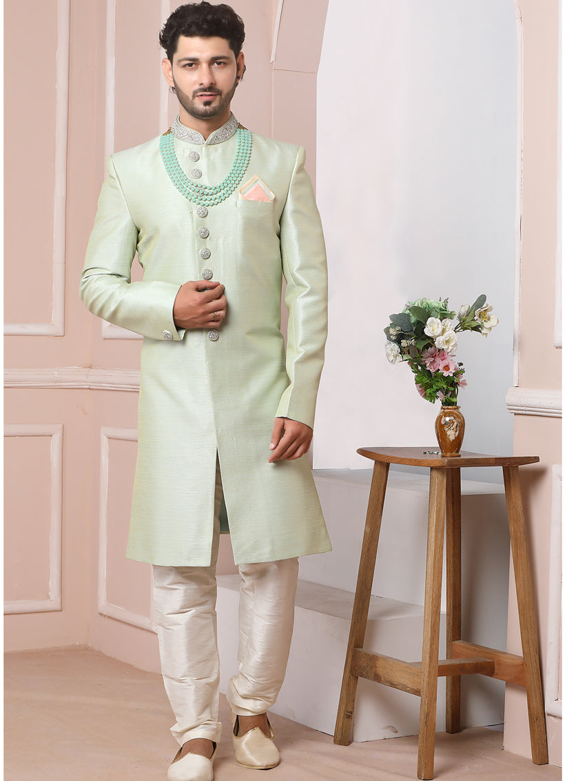 Pastel Green Banarasi Silk Embroidered Indo Western