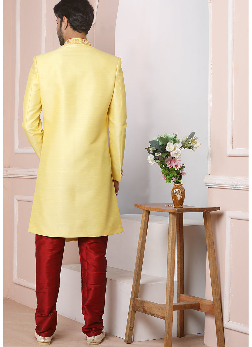 Lemon Yellow Banarasi Silk Embroidered Indo Western