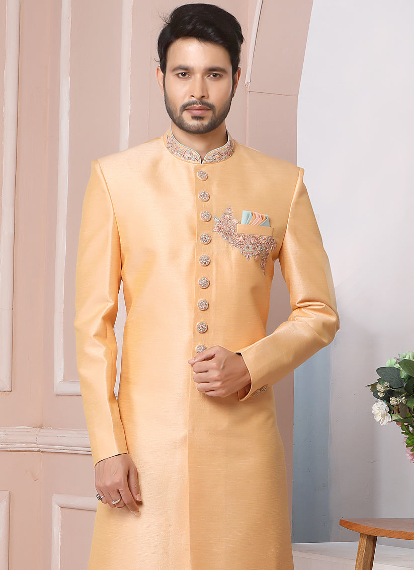 Peach Apricot Banarasi Silk Embroidered Indo Western
