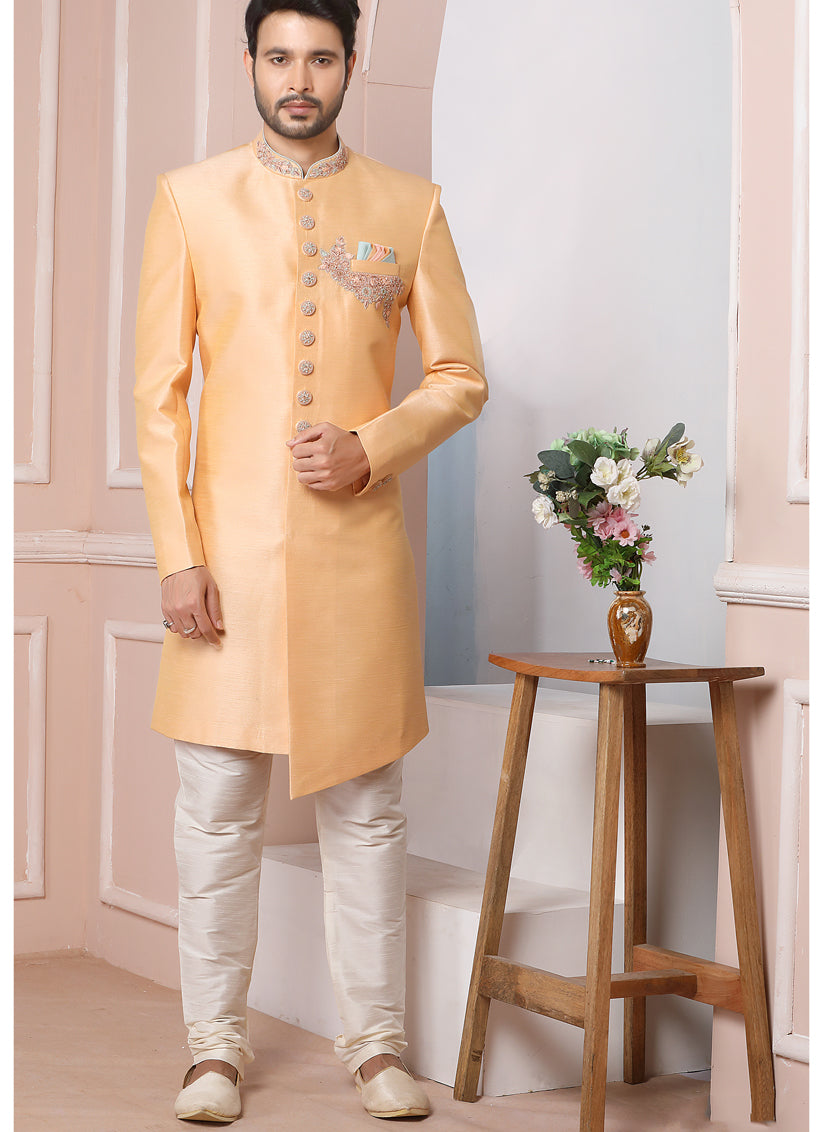 Peach Apricot Banarasi Silk Embroidered Indo Western