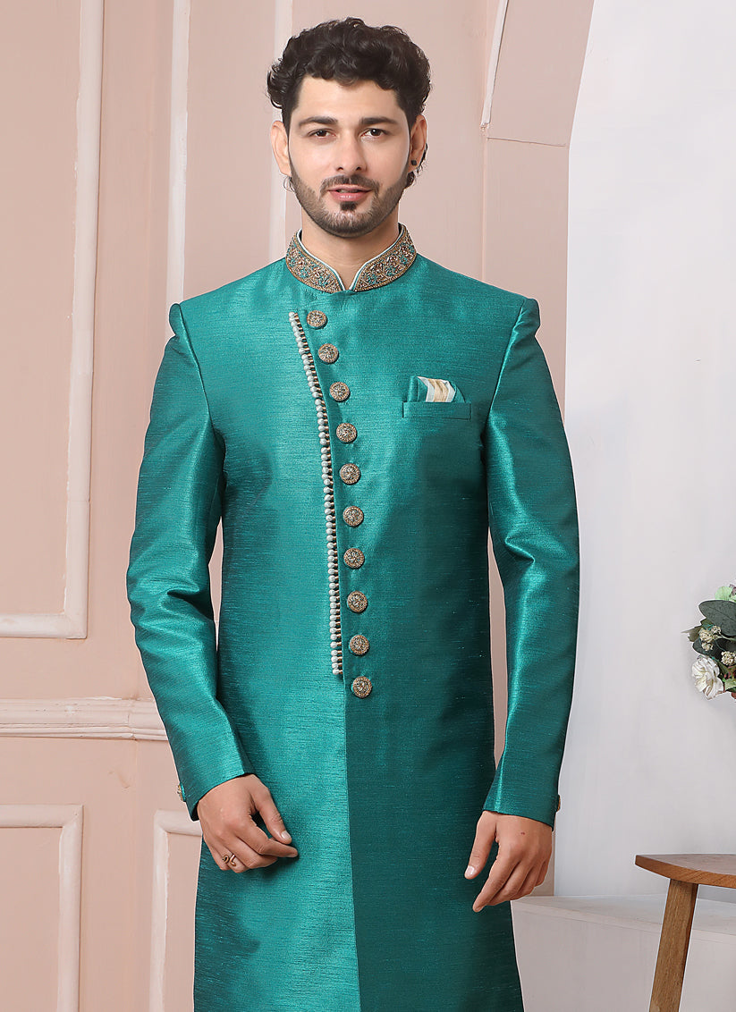 Rama Green Banarasi Silk Embroidered Indo Western