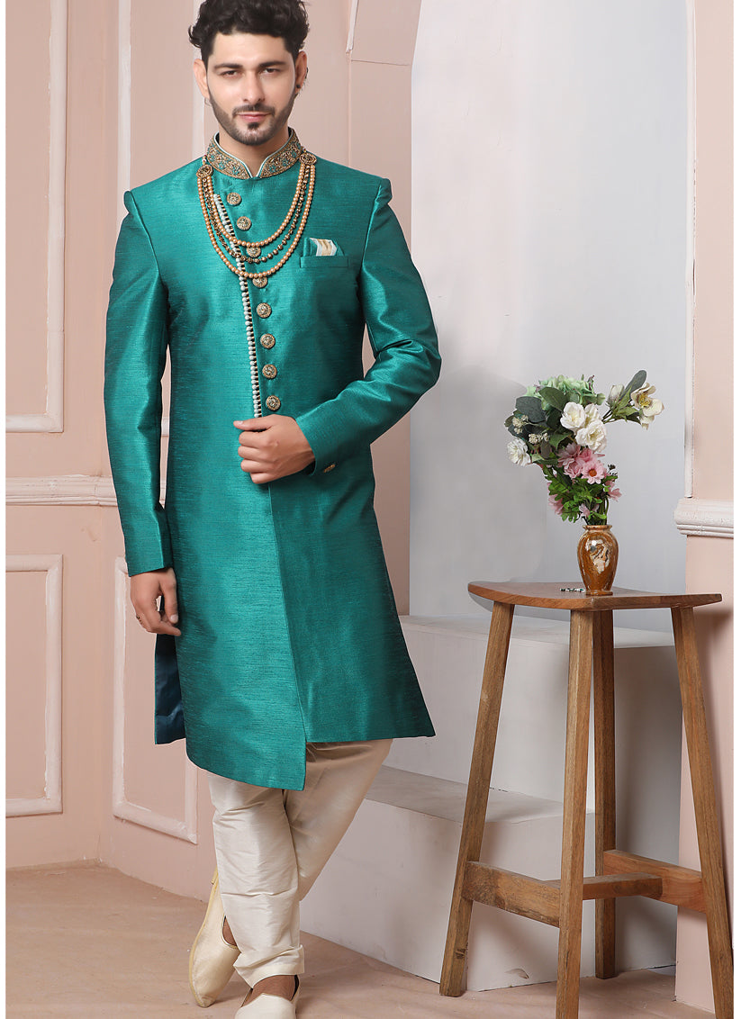 Rama Green Banarasi Silk Embroidered Indo Western