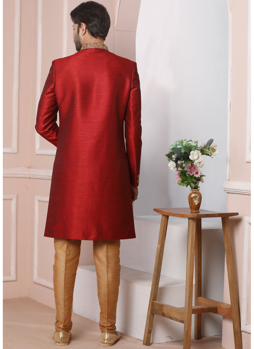 Maroon Banarasi Silk Embroidered Indo Western