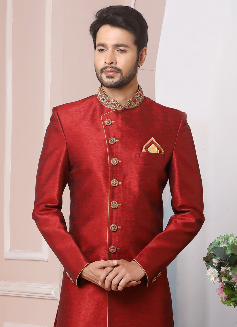 Maroon Banarasi Silk Embroidered Indo Western
