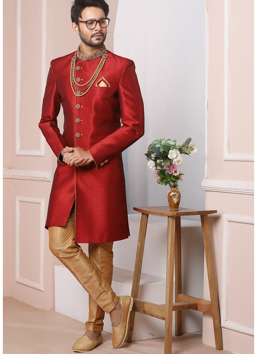 Maroon Banarasi Silk Embroidered Indo Western
