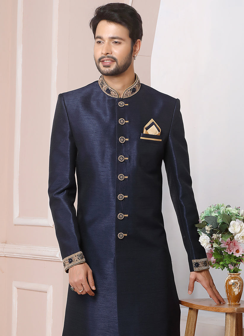 Midnight Blue Banarasi Silk Embroidered Indo Western